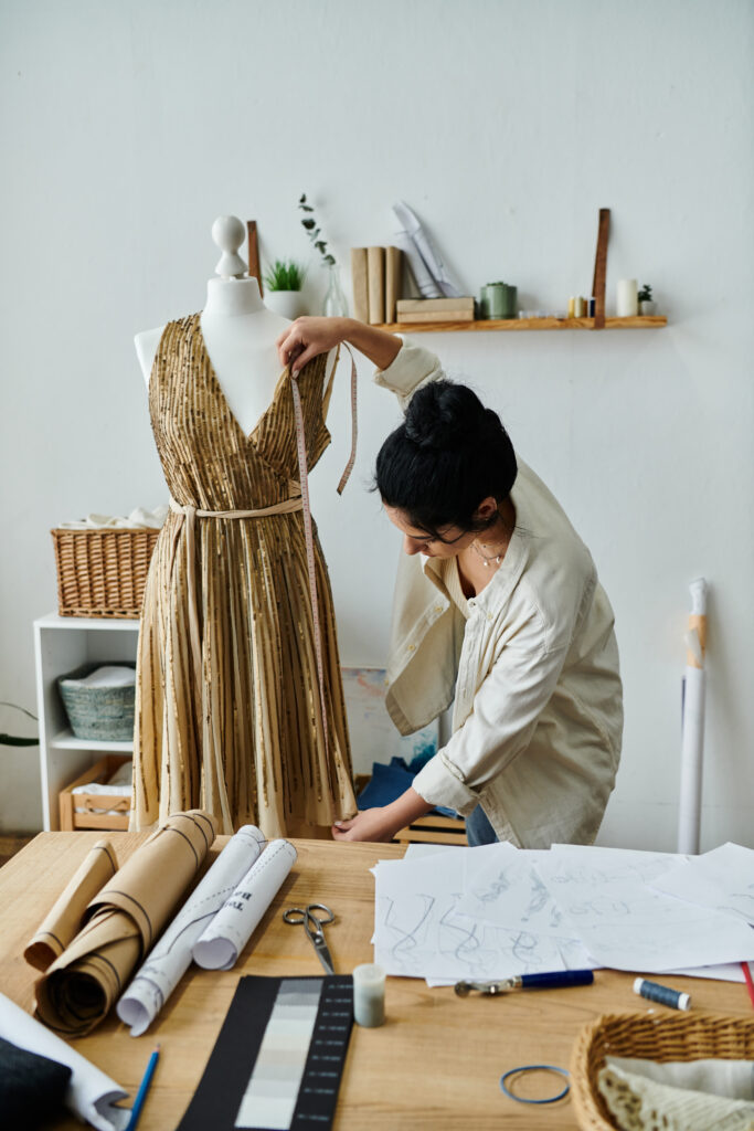 A young woman upcycling her clothes, designing a dress on a table.